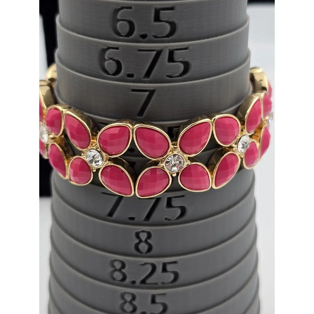 Gold Tone Hot Pink Faceted‎ Stone Stretch Bracelet Clear Rhinestone Accents